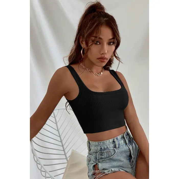 Kadın Siyah Kalın Askılı Crop Top Büstiyer