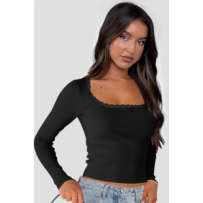 Kadın Siyah Kare Yaka Dantelli Uzun Kollu Crop Top Bluz