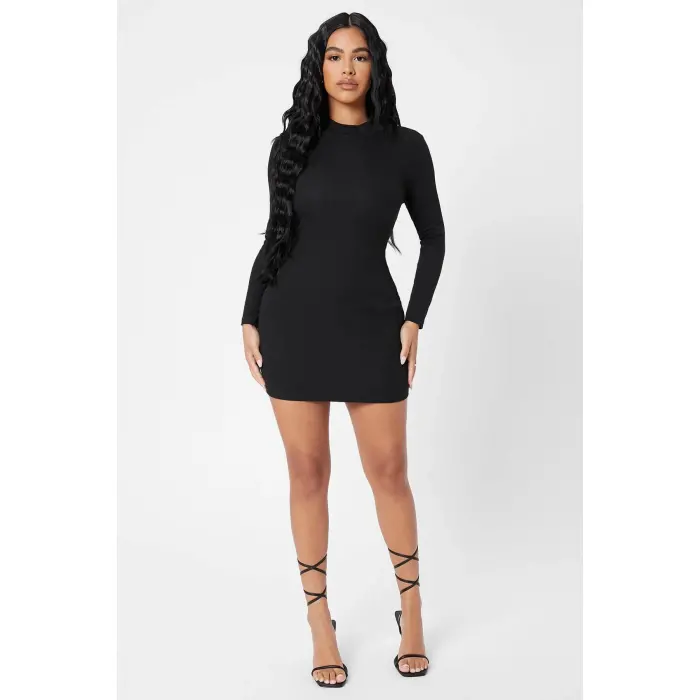 Kadın Siyah Kaşkorse Balıkçı Yaka Uzun Kollu Bodycon Mini Elbise