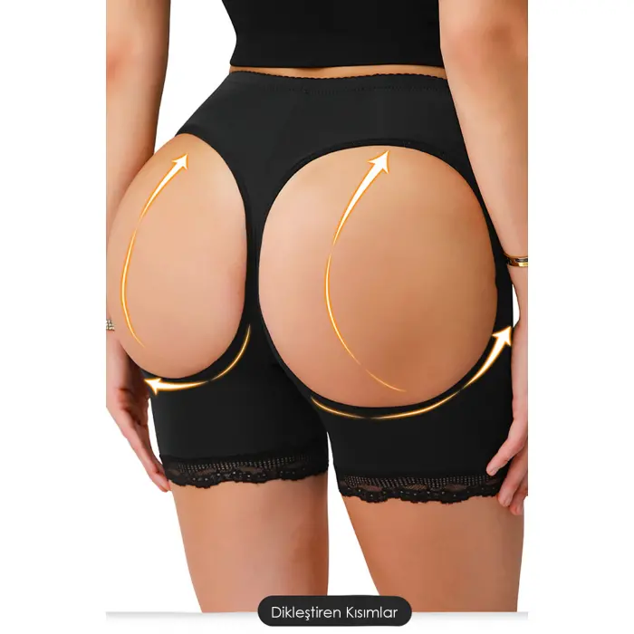 Kadın Siyah Pop Up Kalça Kaldırıcı ve Sekillendirici Dantel Paçalı Şort Külot