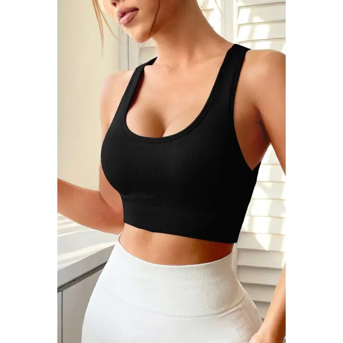 Kadın Siyah Sırtı Çapraz Lastik Detaylı Crop Top Bluz