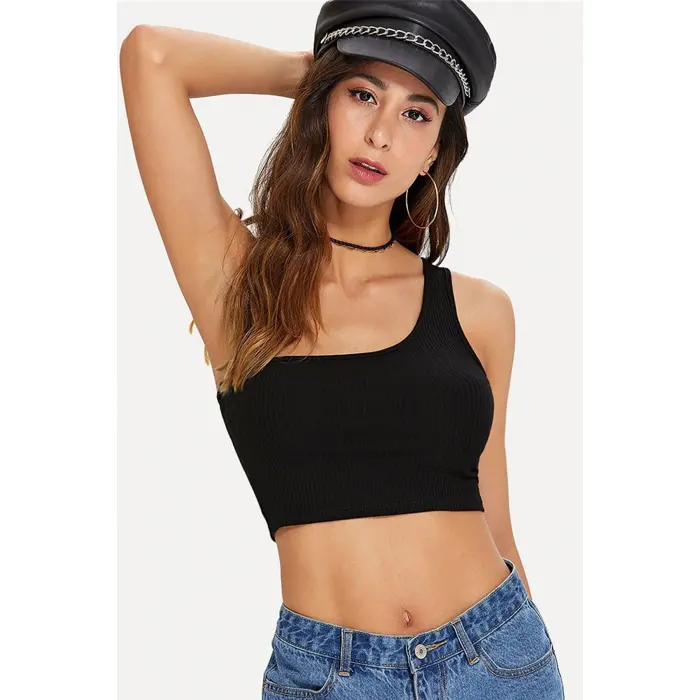 Kadın Siyah Tek Omuz Crop Büstiyer