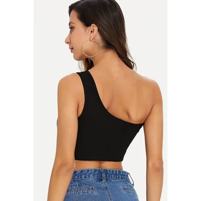 Kadın Siyah Tek Omuz Crop Büstiyer