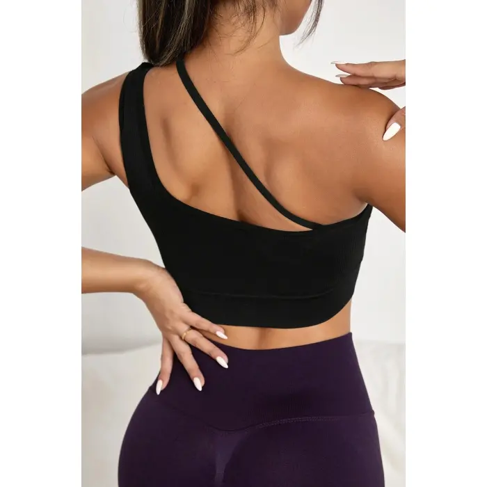 Kadın Siyah Tek Omuzlu Çapraz Askılı Crop Top Büstiyer