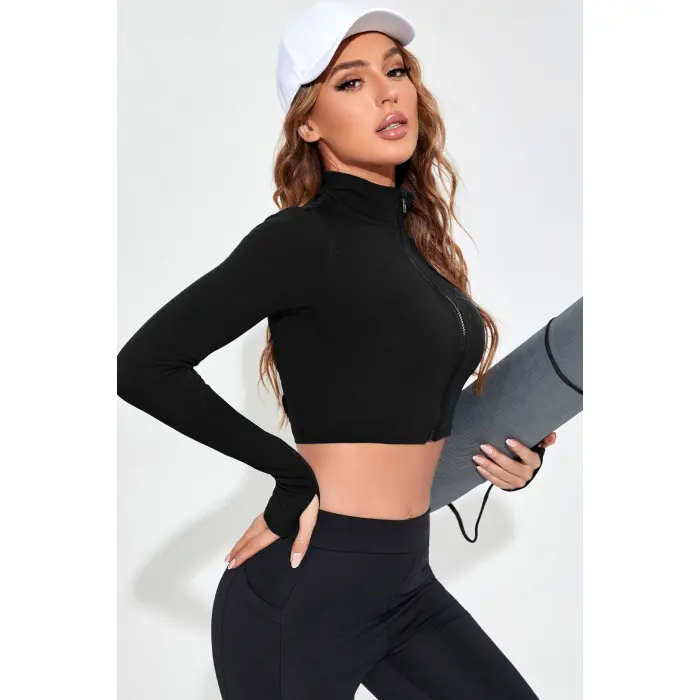Kadın Siyah Uzun Kol Fermuarlı Parmak Geçme Detaylı Dik Yaka Crop Top Bluz