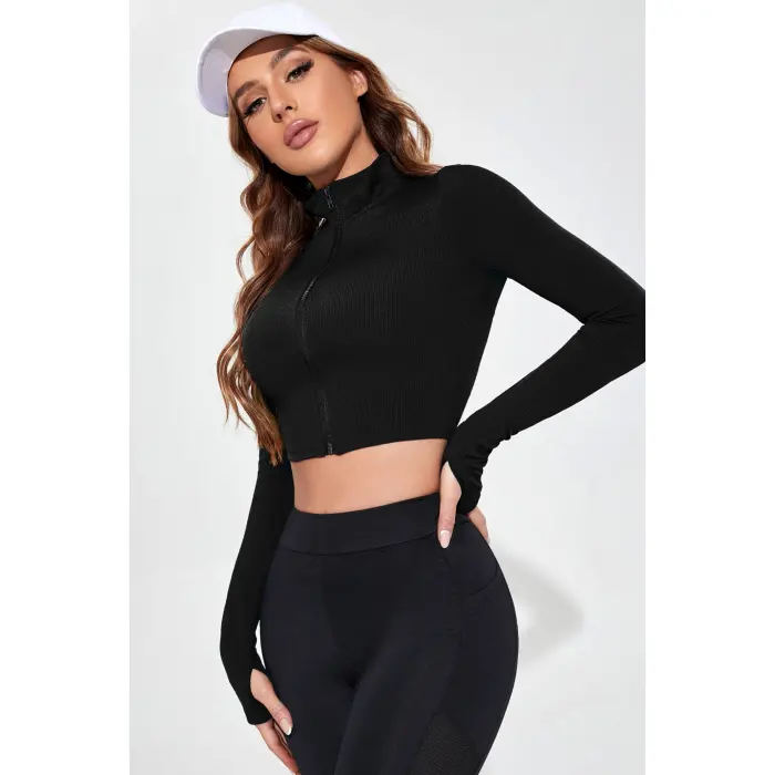 Kadın Siyah Uzun Kol Fermuarlı Parmak Geçme Detaylı Dik Yaka Crop Top Bluz