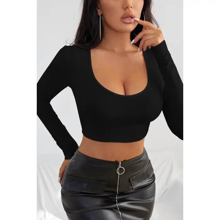 Kadın Siyah Uzun Kol Kare Yaka Crop Top Bluz