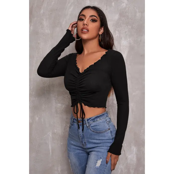 Kadın Siyah Uzun Kollu Büzdürme Bağcık Detaylı Crop Top Bluz