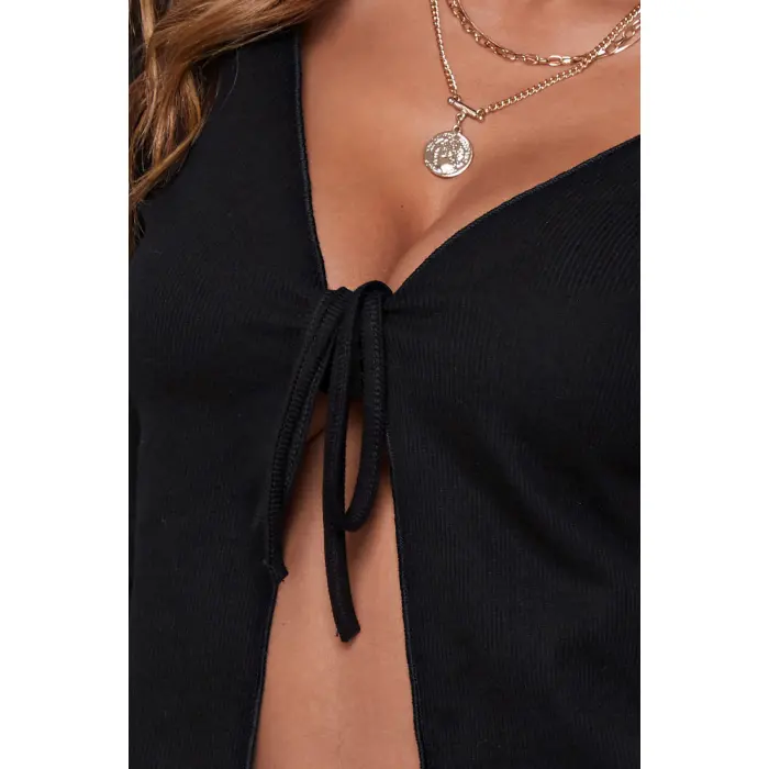 Kadın Siyah Uzun Kollu Önden Bağlama Detaylı Crop Top Bluz