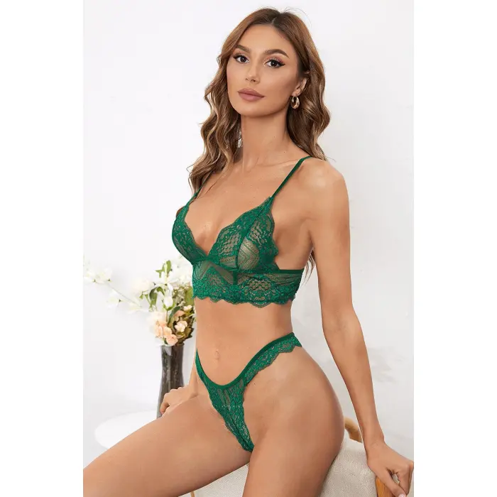 Kadın Yeşil Çapraz Sırt Detaylı Şık Bralet Takım