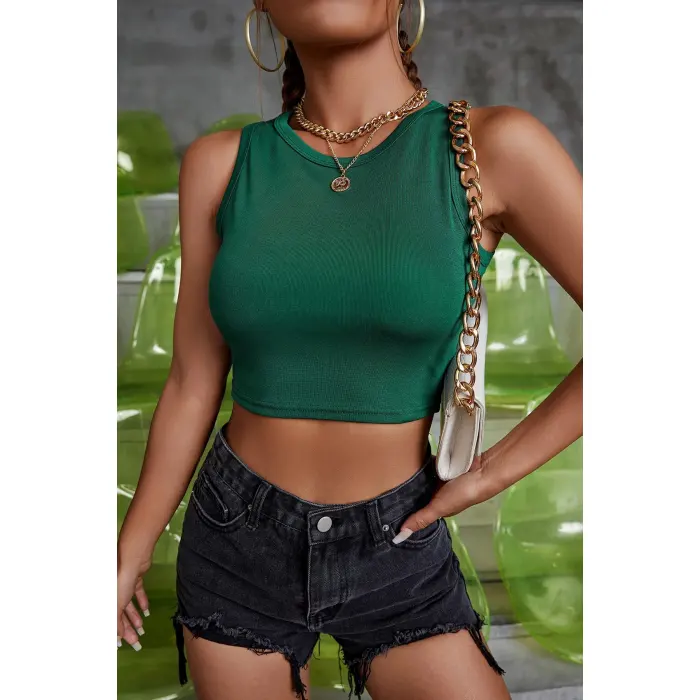 Kadın Yeşil Kare Yaka Crop Top Bluz