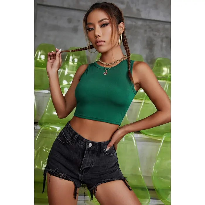 Kadın Yeşil Kare Yaka Crop Top Bluz