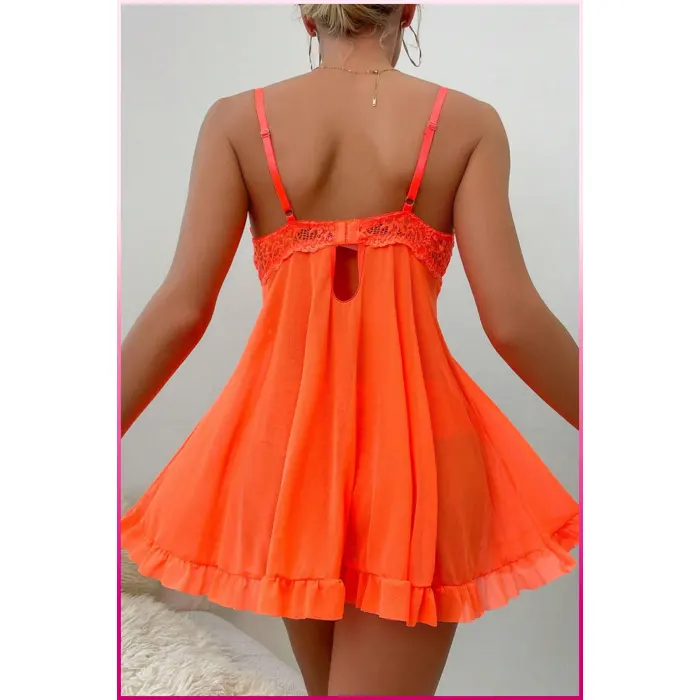 Kadın Zarif Turuncu Tül Gecelik Ve Külot Takım