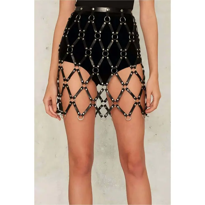 Kare Detaylı Şık Deri Harness Etek - Brf694