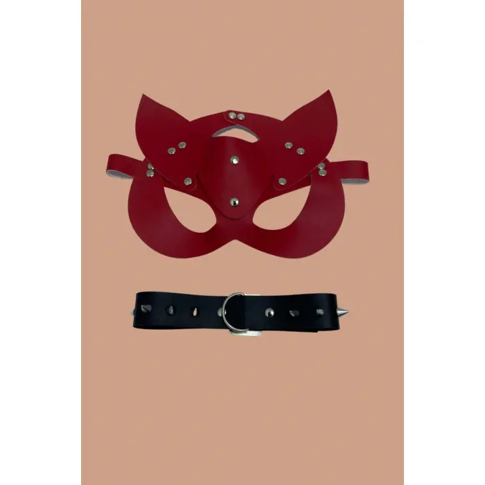 Kımızı Maske Ve Siyah Çivili Tasma 2 Li Set 800236