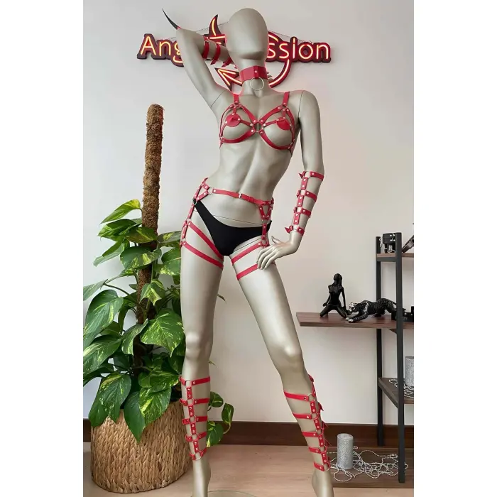 Kırmızı Deri Bacak Ve Kol Harness Detaylı Takım