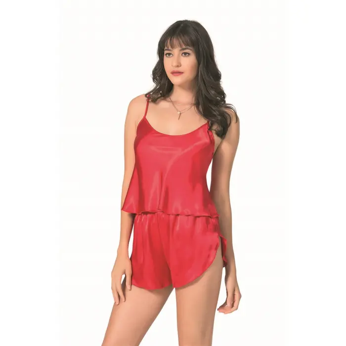 Kırmızı Saten Babydoll Şort Takımı