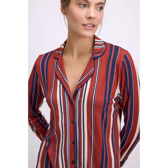 LYYN %100 Modal Uzun Kollu Düğmeli Çizgili Pijama Takımı