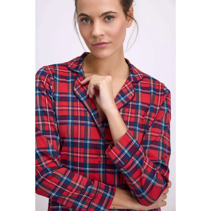 LYYN %100 Pamuklu Uzun Kol Düğmeli Gömlek Ve Ekose Pantolon Pijama Takımı