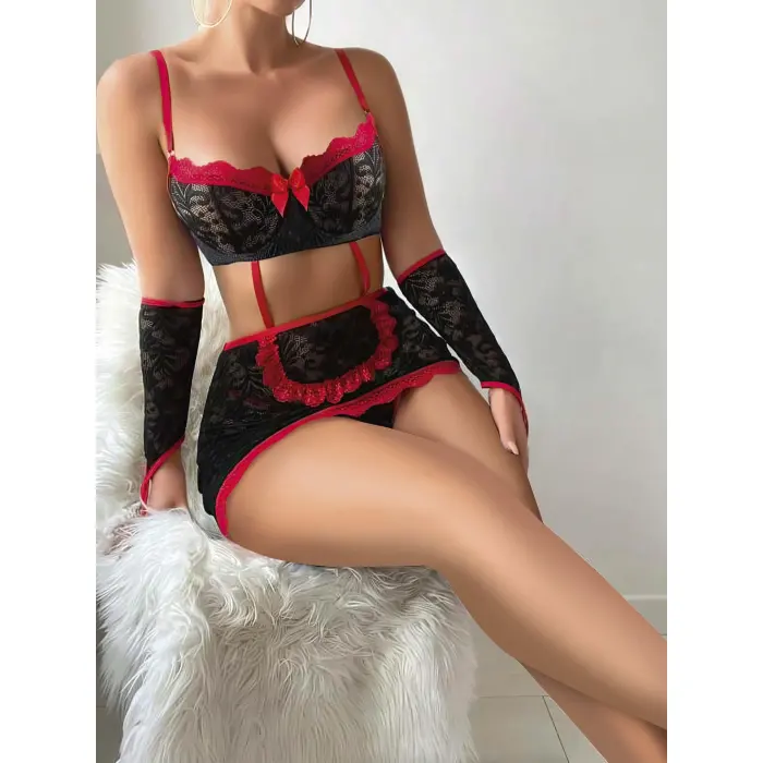 LYYN 5 Parça Kırmızı Siyah Dantel Çiçek Desen Hizmetçi Model Özel Fantazi Tanga Hediyeli 3815