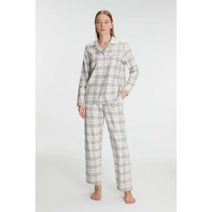 LYYN Anıl Kare Desenli Pamuklu Gömlek Pijama Takımı