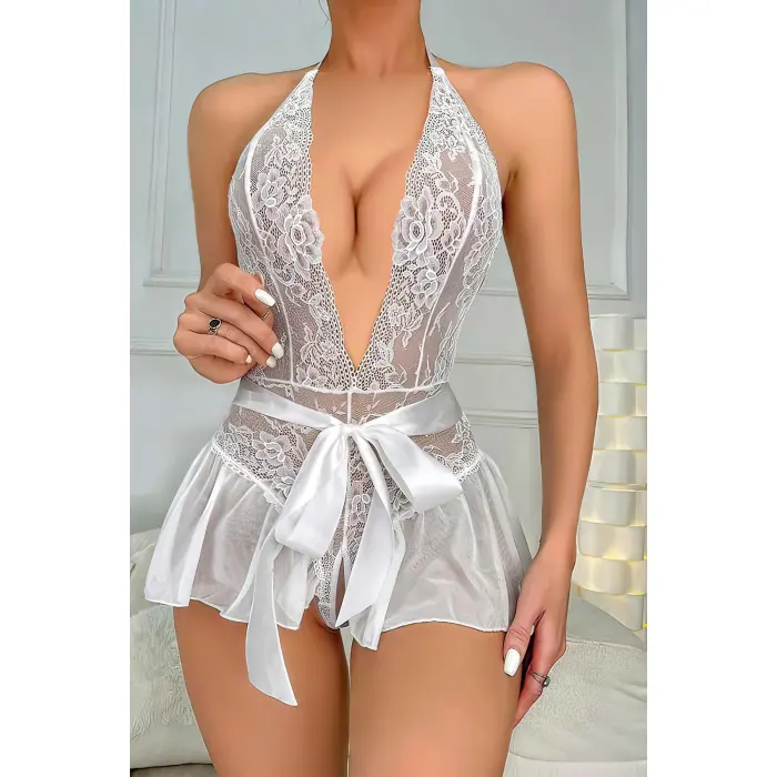 LYYN Arias Closet Beyaz Dantel İşlemeli Özel Bölgesi Açık Fantezi Kurdelalı Body