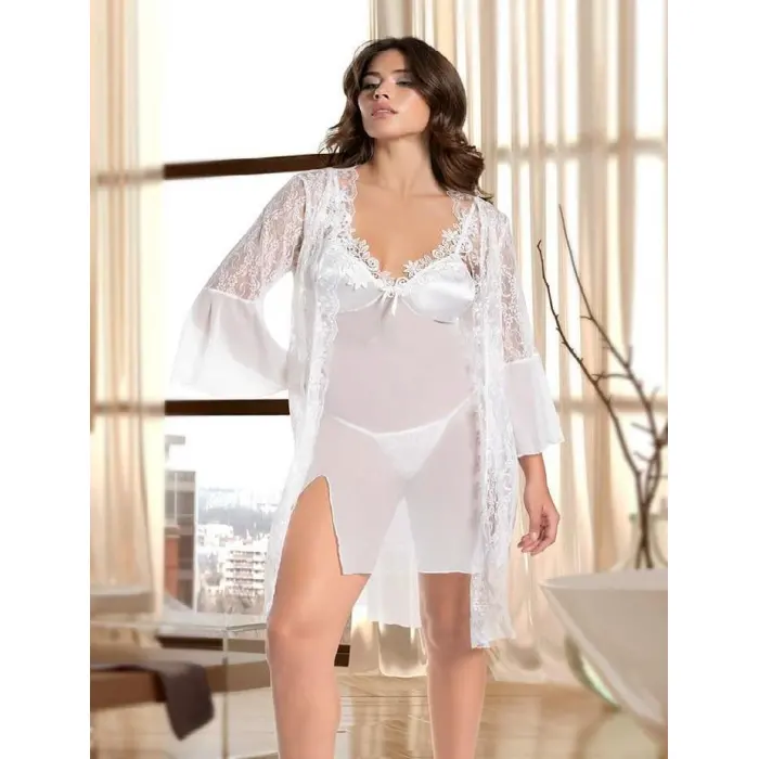 LYYN Arias Closet Beyaz Transparan Dantel İşlemeli Tül Yırtmaçlı 2li Gecelik Takımı
