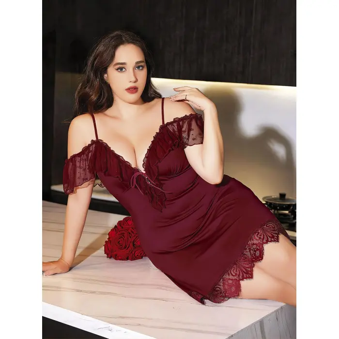 LYYN Arias Closet Büyük Beden Bordo Dantel İşlemeli Omuz Detaylı Gecelik
