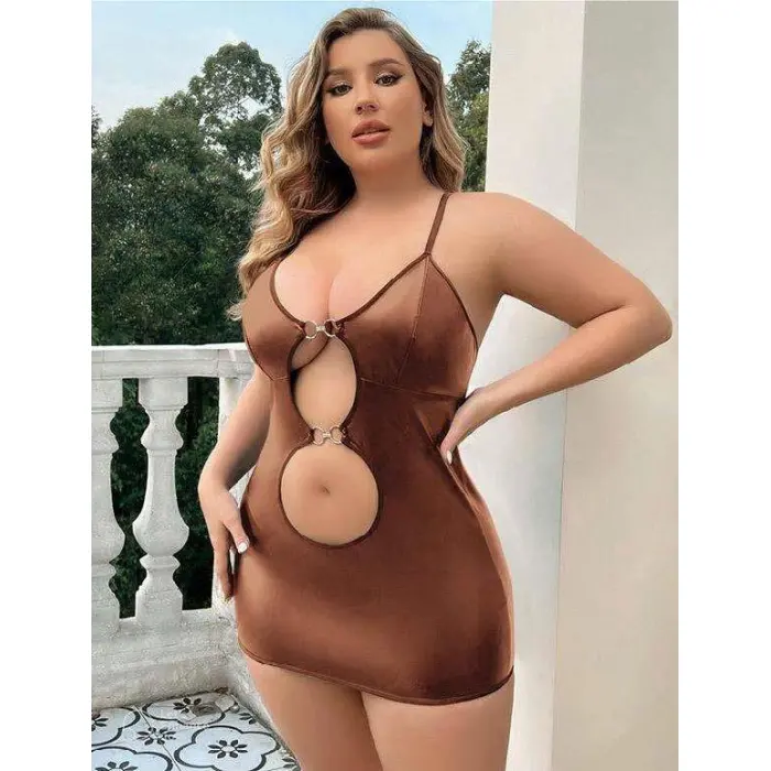 LYYN Arias Closet Büyük Beden Kahverengi Deri Metal Aksesuarlı Fantezi Elbise