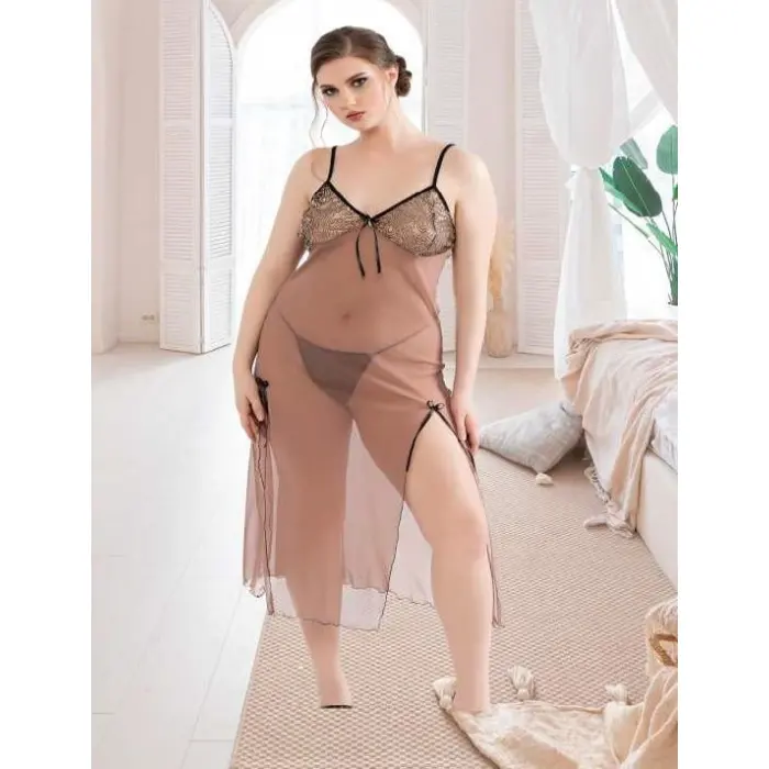 LYYN Arias Closet Büyük Beden Kahverengi Tül Fantezi Uzun Yırtmaçlı Gecelik