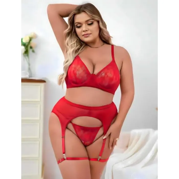 LYYN Arias Closet Büyük Beden Kırmızı Dantel İşlemeli Fantezi Jartiyer Takımı