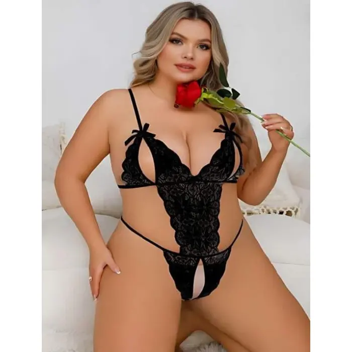 LYYN Arias Closet Büyük Beden Siyah Dantel İşlemeli Dekolteli Fantezi Babydoll