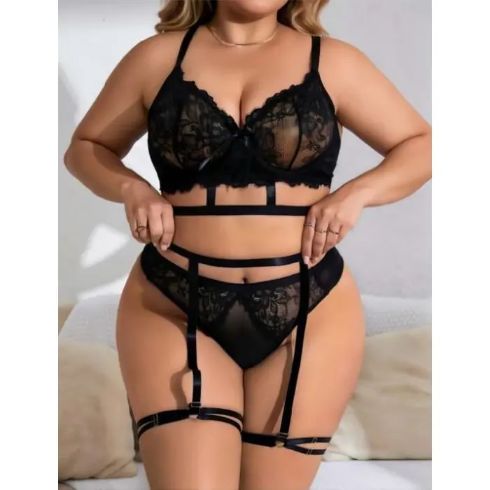 LYYN Arias Closet Büyük Beden Siyah Dantel İşlemeli İpli Fantezi Jartiyer Takımı