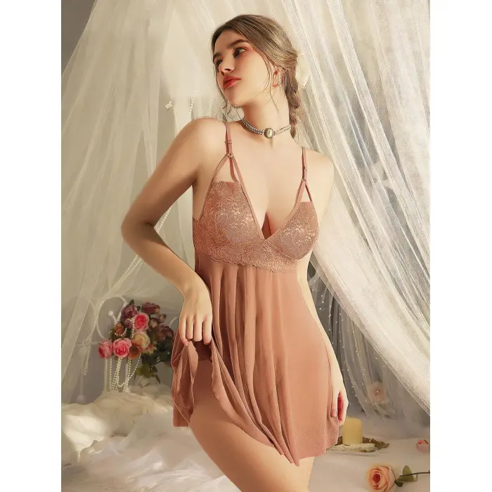 LYYN Arias Closet Dantel İşlemeli Tül Transparan Kahverengi Fantezi Gecelik