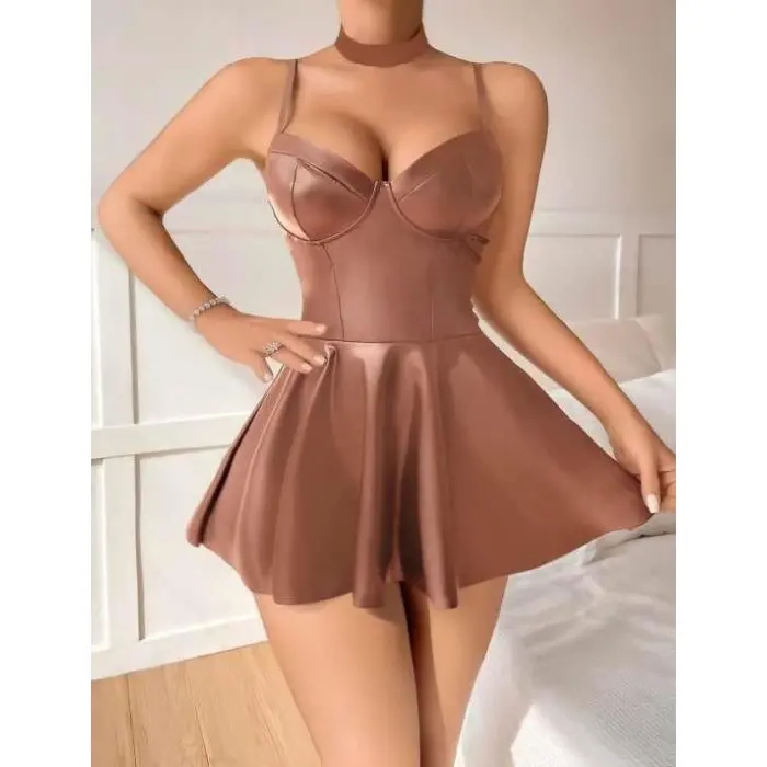 LYYN Arias Closet Kahverengi Etekli Pileli Fantezi Deri Elbise