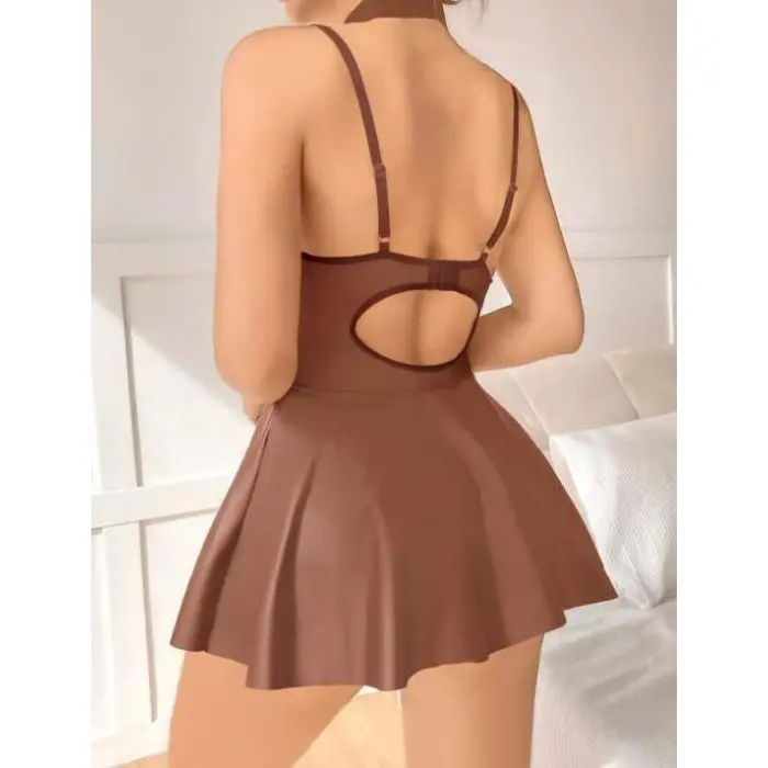 LYYN Arias Closet Kahverengi Etekli Pileli Fantezi Deri Elbise