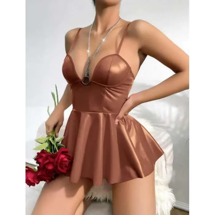 LYYN Arias Closet Kahverengi Parlak Lame Fantezi Deri Elbise