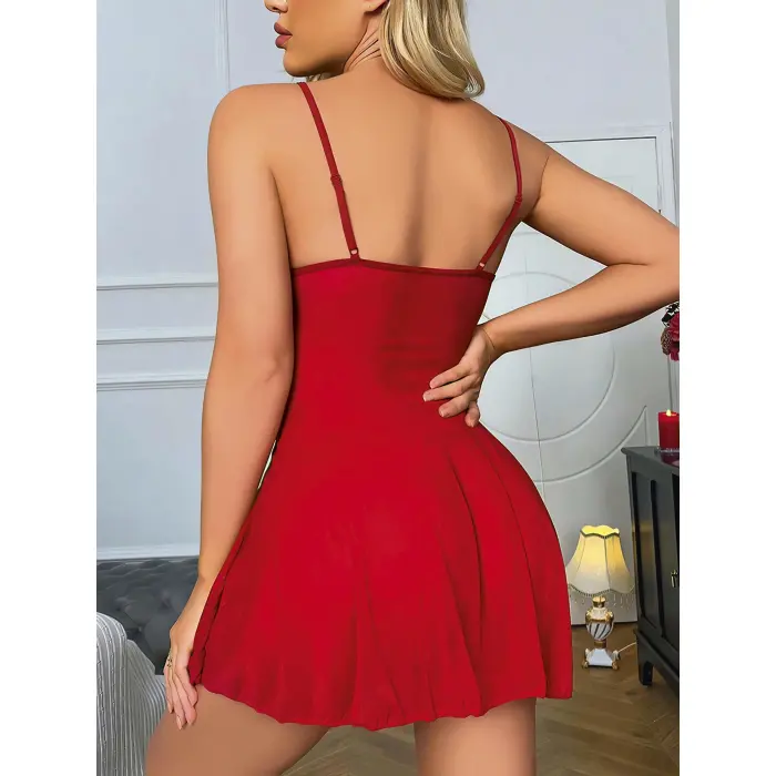 LYYN Arias Closet Kırmızı Dantel İşlemeli Göğüs İp Detaylı Fantezi Tül Gecelik Takımı