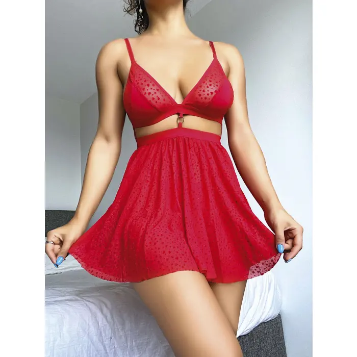 LYYN Arias Closet Kırmızı Desenli Mini Etekli Sütyen Takımı