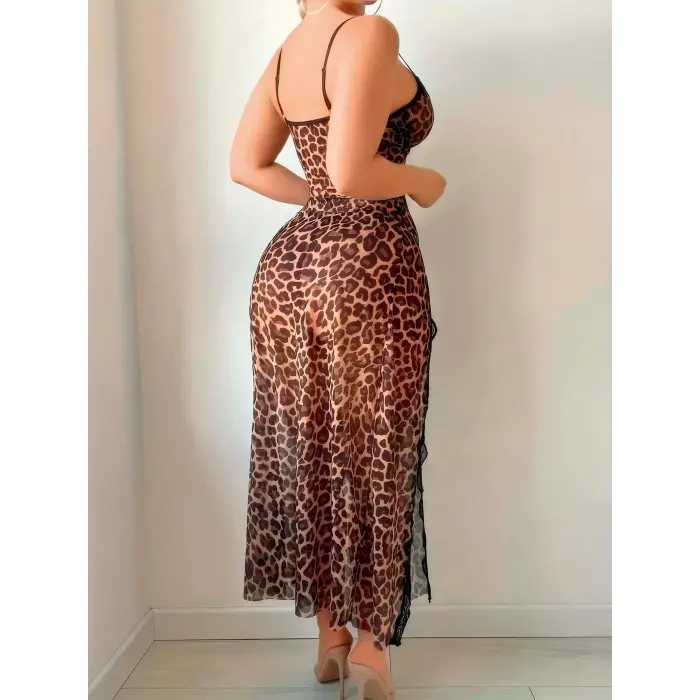 LYYN Arias Closet Leopar Desenli Yırtmaçlı Fantezi Uzun Gecelik
