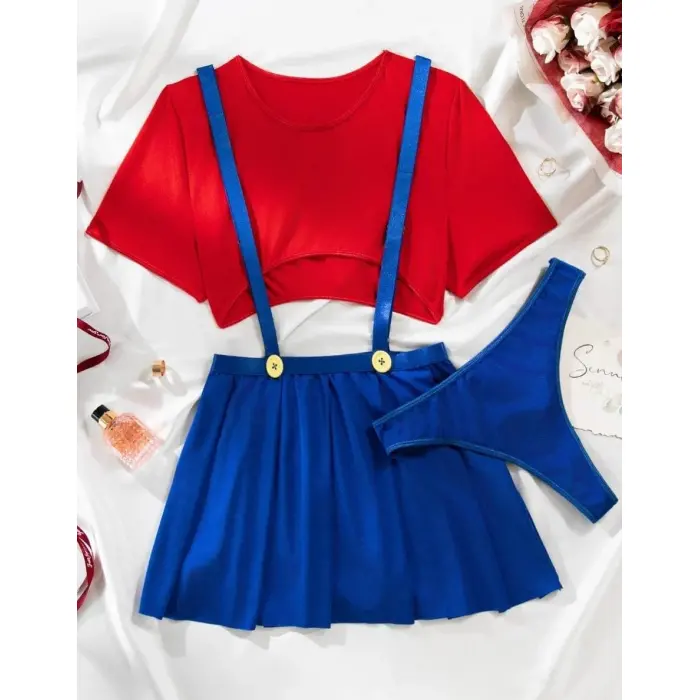 LYYN Arias Closet Mavi Kırmızı Fantezi Etekli Takım