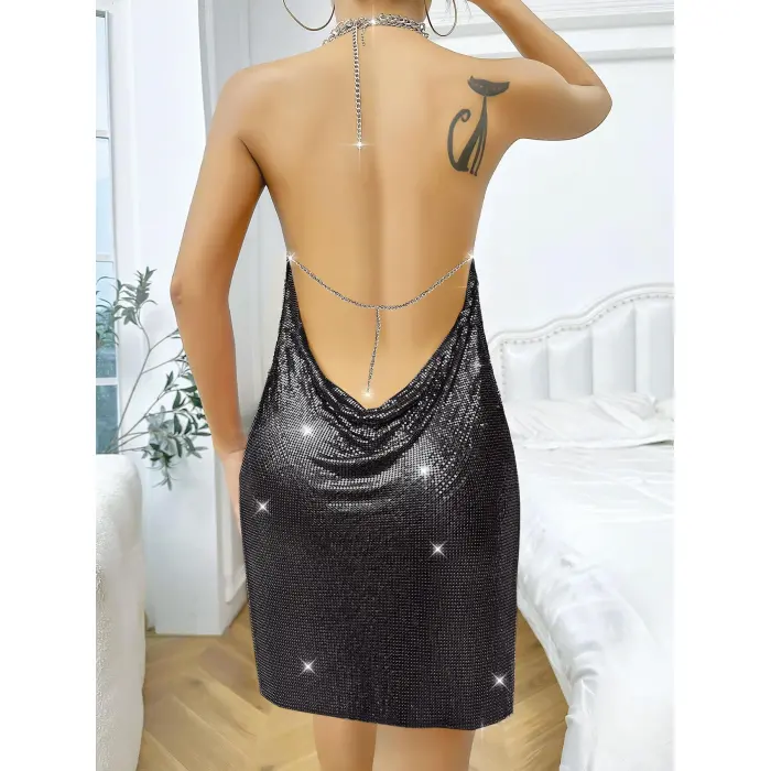 LYYN Arias Closet Özel Tasarım Siyah Payetli Zincir Detaylı Parlak Işıltılı Sırt Dekolteli Fantezi Mini Club Elbisesi