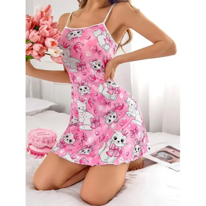 LYYN Arias Closet Pembe Kedi Desenli Fantezi Gecelik