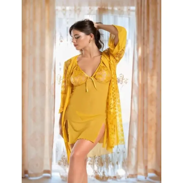 LYYN Arias Closet Sarı Transparan Dantel İşlemeli Tül Yırtmaçlı 2li Gecelik Takımı