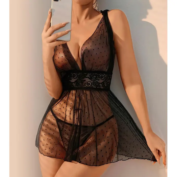 LYYN Arias Closet Siyah Dantel İşlemeli Puantiyeli Tül Fantezi Gecelik