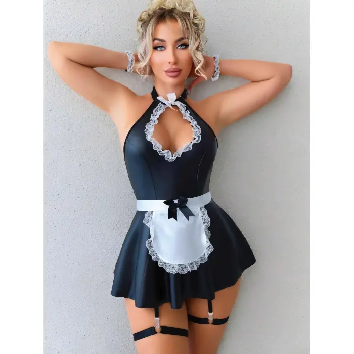 LYYN Arias Closet Siyah Göğüs Dekolteli Boyundan Bağlamalı Mini Etekli Fantezi Deri Hizmetçi Kostümü