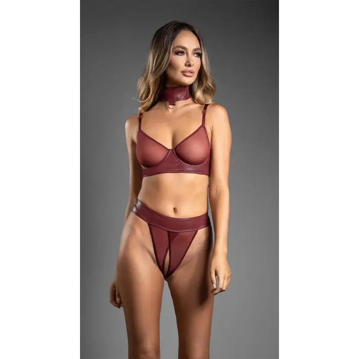 LYYN Arias Closet Bordo Tül Büstiyerli Özel Bölgesi Açık Kelepçeli Fantezi Deri Takım