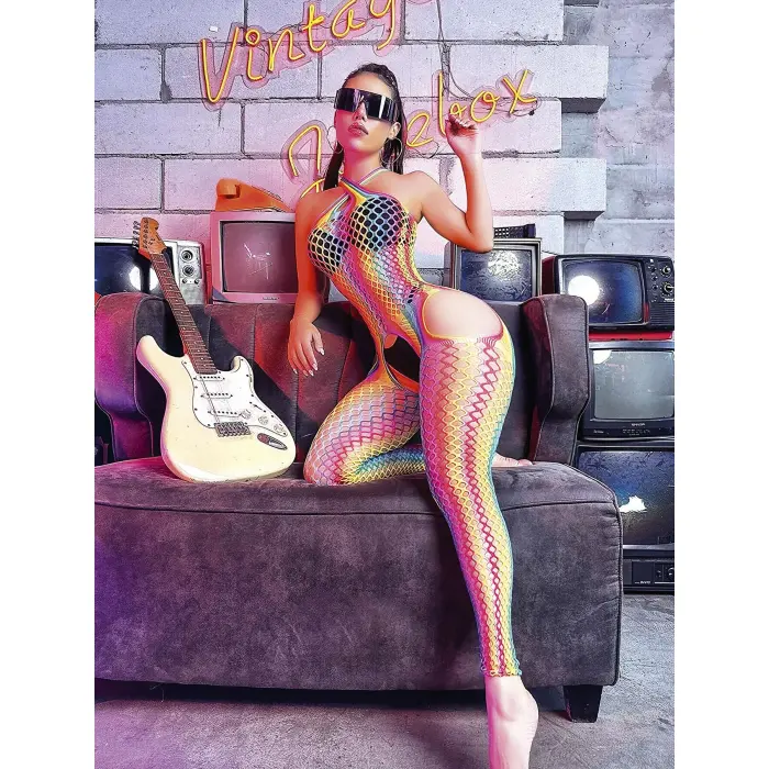 LYYN Arias Closet Gökkuşağı Desenli Fileli Fantezi Vücut Çorabı