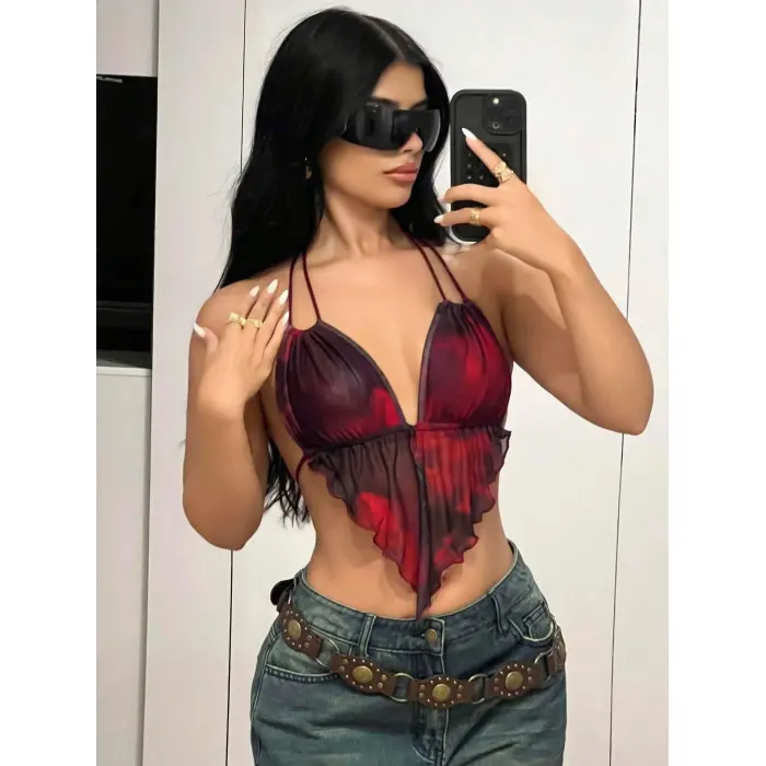LYYN Arias Closet Kırmızı Siyah Desenli İnce Askılı Üçgen Kesim Crop