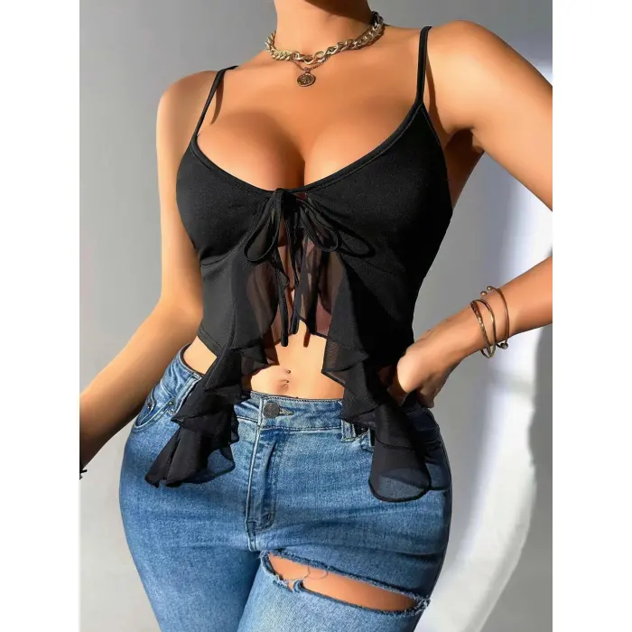 LYYN Arias Closet Siyah İnce Askılı Önden Bağlamalı Fırfır Detaylı Crop